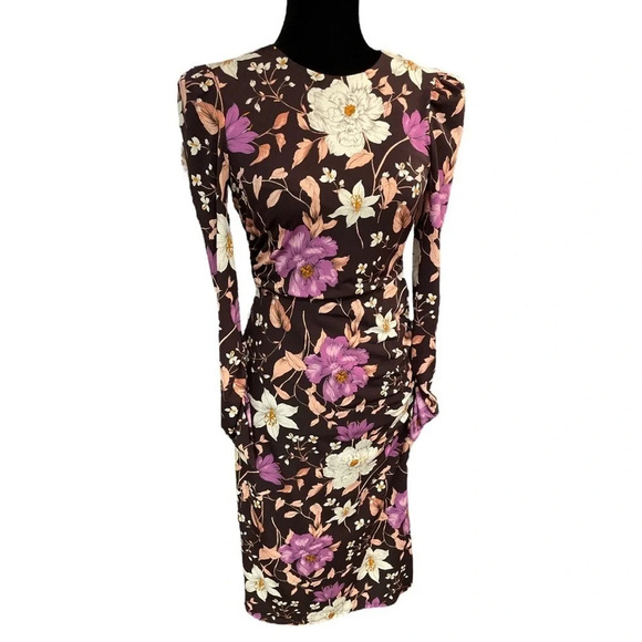 ELIZA J FLORAL LONG SLEEVE BODY-CON MIDI DRESS IN AUBERGINE size 2 - Picture 6 of 9